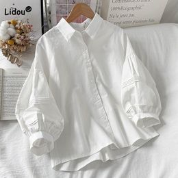 Women's Blouses Shirts Women's Clothing Spring Office Lady Polo-Neck Button Patchwork Long Sleeve Fashion Puff Sleeve All-match Loose White Shirt 230209