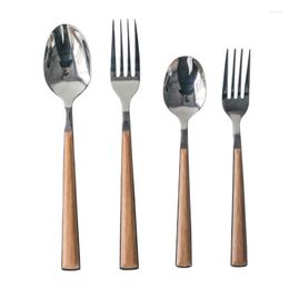 Dinnerware Sets 4pcs/set Long Handle Dinner Spoon Fork Stainless Steel Teaspoon Dessert Forks Imitation Wood Set Kitchen Flatware