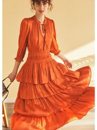 Casual Dresses Summer Women Tie-up Tiered Maxi Dress Orange Smocked Waist Ruffled Detail Vacation Holiday Franch PairsCasual