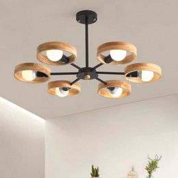 Lights Nordic Wooden Chandelier Lamp for Living Bedroom Dining Room Decor Round Wood Lampshade Black E27 Ceiling Hanging Light 0209