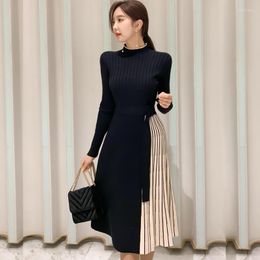 Casual Dresses 2023 Autumn Winter Elegant Knitted Midi Dress Vintage Warm Thick Half Turtleneck Hit Colour Patchwork Pleated Sweater