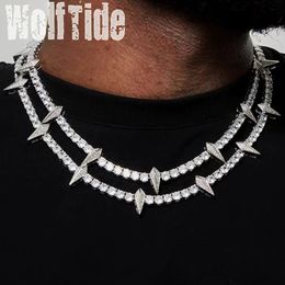 4mm Hip Hop Iced Out Spike Charm Tennis Necklace Full Rhinestone Gold Colour Luxury Punk Rapper Night ClubJewelry for Men Women