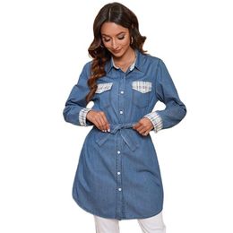 Casual Dresses Long Sleeve Jacket Two Wear Women 2023 Spring Fashion Mid Length Lace Up Ladies Partial Printing Denim A Line SkirtCasual