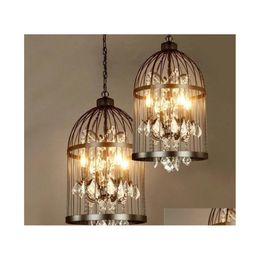 Chandeliers American Country Industrial Wind Wrought Iron Crystal Bird Cage Chandelier Nordic Retro Restaurant Clothing Store Stairs Dhipb