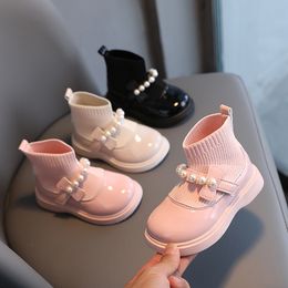 Sneakers Winter Thick Cotton Girls Sock Shoes Kids Fashion PU Mary Jane Princess Dress for Party Children Korean Pearls 230209