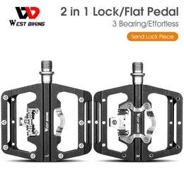 Bike Pedals WEST BIKING Bicycle Pedal 3 Bearings SPD Self-Locking Bike Flat Pedal Alloy Aluminium Lock Pedals Sealed Bearing Bike SPD Pedal 0208