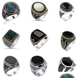 Band Rings Vintage Handmade Turkish Signet Ring For Men Women Ancient Sier Colour Black Onyx Stone Punk Religious Jewellery Drop Delive Dhxwt