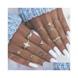 Solitaire Ring Bohemian Retro Rings Women Pearl Crown Crystal Girls Heart Waves Geometric Gold Set Party Jewellery Gifts Drop Dhcy4