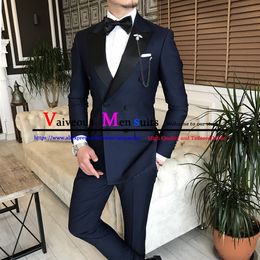 Mens Suits Blazers Fashion 2 Pieces Slim Fit Business DoubleBreasted Groom Dark Navy Blue Tuxedo For Wedding Party BlazerPants 230209