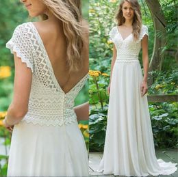 Elegant Beach A-Line Wedding Dresses Gowns Cap Sleeve Applique Lace Applique Bodice Simple Bohemian Boho Bridal Gown for Women Formal Dress Custom Made