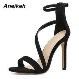 2024 Design Aneikeh Narrow Band Sexy New Women Fashion Buckle Thin High Heels Black Faux Suede Open Toe Dress Sandals Shoe 35-42 T230208 458