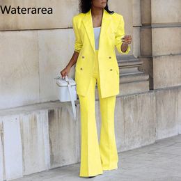 Womens Two Piece Pants Waterarea Spring Winter Solid Set Tracksuit Full Sleeve Blazers Suit Office Lady Business Uniform 230209