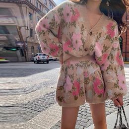 Womens Tracksuits Sweet Floral Two Pieces Knitting Suit For Women Spring Autumn V Neck Cardigan Outwear High Waist Shorts Lady Street 230209