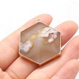 Pendant Necklaces Natural Stone Gemstone Hexagonal Cherry Blossom Agate Vintage Handmade Craft Necklace Accessories For Women Size 30x40mm