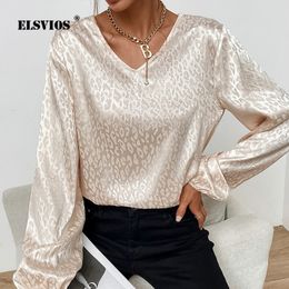 Women's Blouses Shirts Lady Elegant Leopard Print Satin Blouse Spring V Neck Pullover Tops Autumn Women Casual Jacquard Long Sleeve Soft Shirt 230209