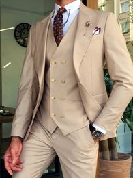 Beige Mens Suits Slim Fit Wedding Tuxedos 3 Pieces Man Groomsmen Prom Dinner Party Blazer Suit Peaked Lapel Gold Buttons Formal Groom Wear Jacket Vest Pants