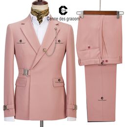 Mens Suits Blazers Cenne Des Graoom Coat Design Dapper Style Metal Side Release Buckle Pink Men 2 Pieces Set Dinner Wedding Party 230209