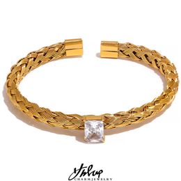 Link Chain Yhpup 18K Gold Plated Stainless Steel Mesh Weave Open Bangle Bracelet Cubic Zirconia Bling Charm Waterproof Jewelry Women Gift G230208