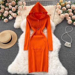 Casual Dresses SINGREINY Women Hooded Knitted Long Sleeve Pocket Elastic Slim Sheath Autumn Winter Bodycon Warm Sweater Y2302