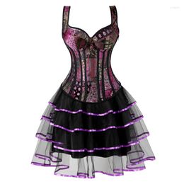 Bustiers & Corsets Women's Victorian Showgirl Gothic Corset Vest With Bubble Skirt Renaissance Brocade Lace Up Strap Purple Top Dress