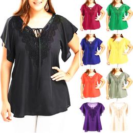 Women's T Shirts Summer Chiffon Tops Women Blouses Vintage Lace Crochet Shirt Casual Ruffles Flare Big Large Elegant Loose 5XL