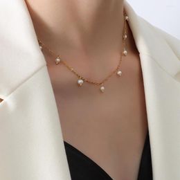 Chains Real Fresh Water Pearl Chain Necklace 18k Gold Plated Titanium Necklaces For Women French Design Luxury Tassel Choker Wholesale