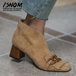 Boots Ladies Sheep Suede Fringe Ankle Zip Chunky High Heel Square Toe Chain Tassel Fashion Women Winter