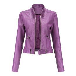 Womens Leather Faux Fashion Jacket Women Moto Biker Motorcycle Female Coat Purple Black Coffee Red Autumn Spring Veste Cuir Femme 230209