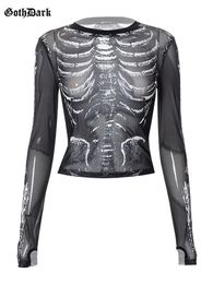 Women s T Shirt Goth Dark Skeleton Print Mesh Mall Gothic Women T shirts Grunge Aesthetic See Through Sexy Crop Tops Emo Black egirl Alt Clothes 230208
