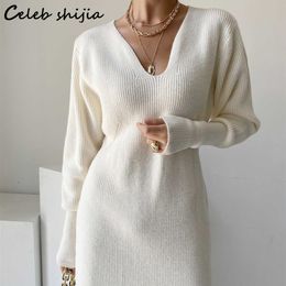 Casual Dresses New Fall V-neck White Wool Dress Women Chic Long-sleeve High Waist Knitted Female Korean Business Elegant Vestido Winter Y2302