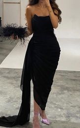 Simple Black Pleats Chiffon Prom Dresses Strapless Asymmetric Ankle Length Evening Party Gown Sexy Lady Formal Dress