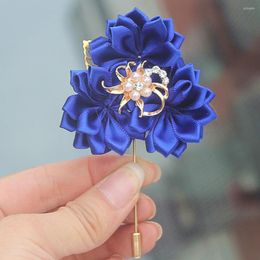 Decorative Flowers Design Royal Blue 3 Satin Wedding Boutonniere Groom Gold Brooch Brides Dress Corsage Flower