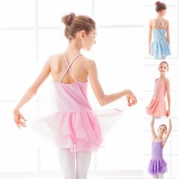 Stage Wear Girls Kids Ballet Leotards Sleeveless Dress Camisole Cross Strap Gymnastics Leotard Chiffon Skirted Costume Dancewear