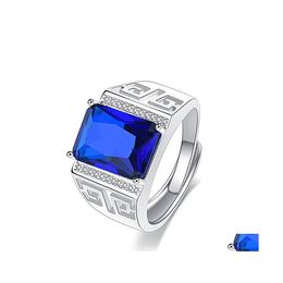 Solitaire Ring Sier Mens Rings Royal Sapphire Gemstone Jewelry Accessories Open Adjustable Carved Wedding Party Gift Drop Delivery Dhuoy