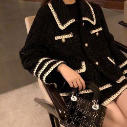 Two Piece Dress Mini Skirts Sets Womens Outifits Winter Jacket Fashion Vintage Black Tweed Coat Suits Lapel Sleeve 230209