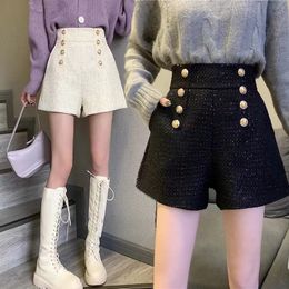 Women's Shorts Tweed Women High Waist Soild Single Breasted Button Casual Fashion Bottom