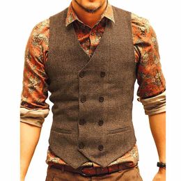 Mens Vests Men Suit Vest Tweed Man Waistcoat Brown Black Groomman Wedding Clothing Jacket Victorian Style Steampunk Business 230209