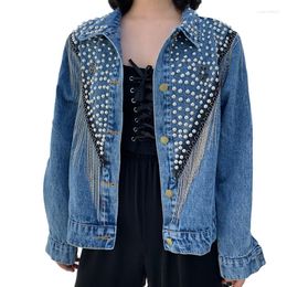 Women's Jackets 2023 Fashion Women's Short Denim Jacket Korean Loose Beaded Diamond Tassel Washed Jeans Top Students Outerwear 3166