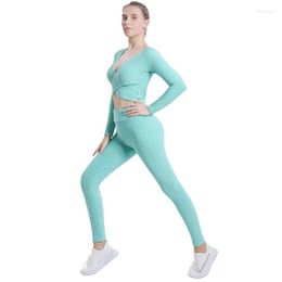 Active Sets Two Piece Suit Yoga Set For Women Gym Clothing Fitness Leggings V Neck Long Sleeve Crop Top Jogging Sport Pants