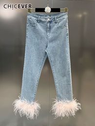 Women's Jeans CHICEVER Sexy Patchwork Feathers For Women High Waist Temperament Skinny Denim Pants Female Clothing Fashion Style 230209