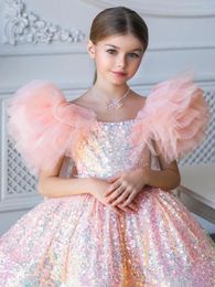 Girl Dresses Gardenwed Pink Glitter Dress Sequin Flower Puffy Sleeves Birthday Party Evening