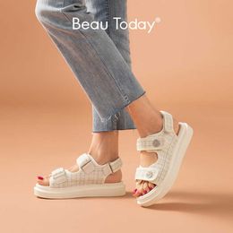 Sandalet Beautoday Platform Sandalet Kadın Kafes Yuvarlak Toe Hook Döngü Ekose Bezi Yaz Günlük Bayan Dış Ayakkabı El Yapımı 38161 T230208