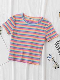 Women's T-Shirt New T Shirt Women Rainbow Striped Tops Slim Fit t shirt Harajuku Tshirt Summer Short Sleeve Korean T-shirt feminina Clothes Y2302