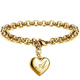 Link Chain Modyle 2022 Initial Charm Gold-Color Bracelets Stainless Steel Heart 26 Letters Alphabet Bracelet for Women Jewellery Gifts G230208