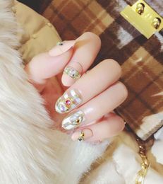 False Nails 24pcs Colorful Rhinestone Nail Patch Sweet Style Glue Type Removable Mid Length Paragraph Manicure Art