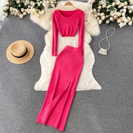 Two Piece Dress Women Chic Pieces Sets High Waist Sexy Split Pencil Wrap pencil Skirt Long Sleeve Knit Pullover Slim Fashion Sweater Set 230209