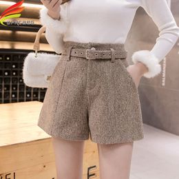 Women's Shorts Autumn Winter High Waist Wide Leg Woolen Shorts Women Khaki Gray Black Outerwear Warm Shorts With Belt A-line Short Femme 230209