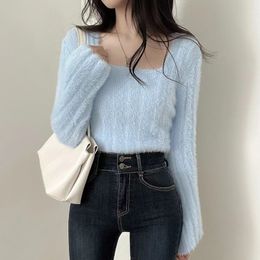 Women s Sweaters Korean Fashion Fluffy Knitted Pullover Woman Square Collar Long Sleeve Sweater Women Solid Color Sweet Top Female Drop 230208