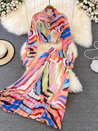 Two Piece Dress Casual Women Printed Chiffon Set Female TurnDown Collar Single Breasted Blouse High Waist Pleated Skirt Suit 230209