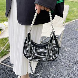 Fashion Small Diamonds Handbags for Women Half Moon Pearl Shoulder Messenger Bags Female Chains Hand Crossbody Ladies 2023 230209